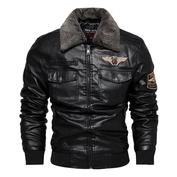Ново зимно палто, Мъжки кожено яке, плюшевое топло европейското и американското мотоциклетное палто от изкуствена кожа с ревера