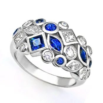 Великолепен женски пръстен на геометрична форма, с инкрустация от синьо фианита подходящ за ежедневието партита, луксозни аксесоари и подаръци за рожден ден.