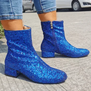 Pereira/новост за 2021 година, обикновен женски пикантни къси модни обувки с кръгло бомбе и пайети на дебелите ток, сини къси ботуши с пайети и