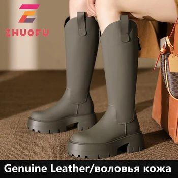ZHUOFU/ класически дамски ботуши до коляното от естествена кожа, офис вечерни Високи обувки с дебел ток, с цип отзад, есенно-зимни обувки
