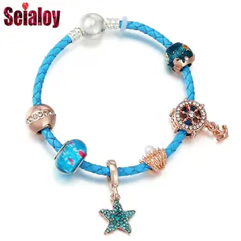 Seialoy Blue Crystal Rose Gold Цвят На Морска Звезда Чар Мъниста Във Формата На Миди Сини Кожени Гривни За Жени Кожена Въженият Гривна Гривни