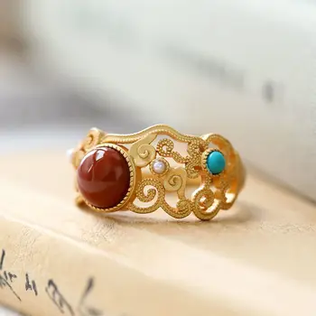 Натурален Hotan червен турмалин отворен пръстен в китайски стил ретро дворцов стил геометричен выдалбливают леки луксозни дамски сребърни бижута