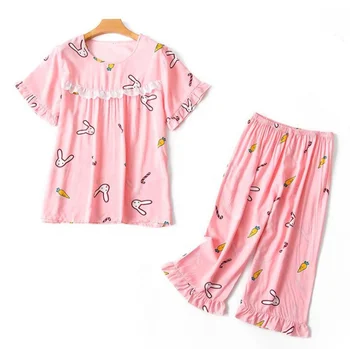 Лятна тънък памучен лейси пижама с къси ръкави и животните принтом от две части