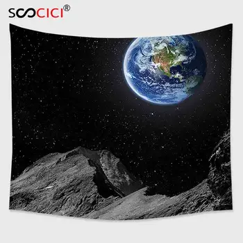 Кутом Гоблен, с монтиран на стената, Galaxy earth над Стръмните Скали на Луната Лунна Панорама Изкуството на Космоса Космически Принт в Синьо