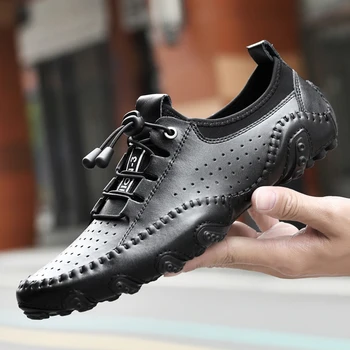 Мъжки Ежедневни обувки, ръчно изработени от естествена кожа, луксозни маркови мъжки Дишащи Обувки, Нескользящие черни Мокасини на равна подметка, Големи Размери 38-47