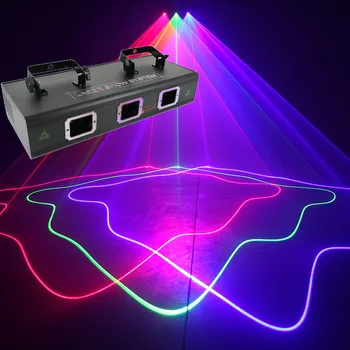 Висококачествен лазерен лъч с активирането глас, сценично осветление, лазерни светлини, три обектива, червен, син, зелен, 3 цвята, лазерен проектор