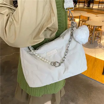 Чанта за момичета Chanins, Перлена Голям Чанта на рамото, чанта и чанта, дамска чанта през Рамо, Однотонная мека чанта за пазаруване с цип