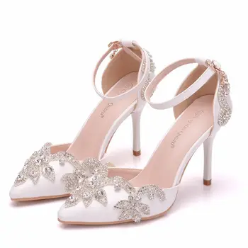 PDEP планински кристал, закрит чорап бели женски сватбени обувки на ток с каишка на щиколотке елегантен сватбен ток