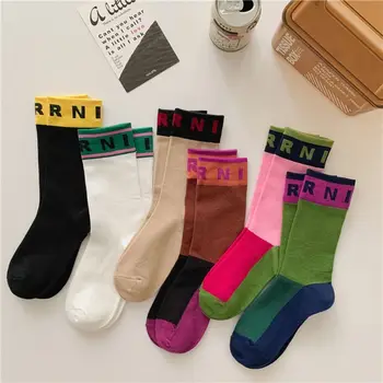 Чорапи Контрастен Цвят С Принтом Азбука Спортни Модни Чорапи От Чист Памук, Удобни Меки Тънки Дишащи Всеки Ден