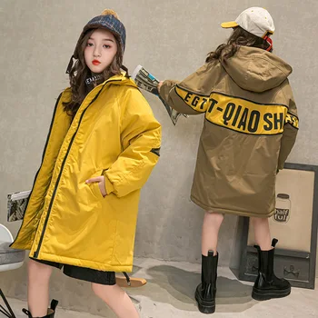 Зимни детски дрехи от 3 до 12 години, жълто яке с качулка и букви, стеганая топло дълъг памучен яке, палто, зимни дрехи за малките момичета