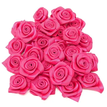100шт Обичка Розово 25 мм Сатен Лента Рози Цветя за Сватбен Букет Изкуствени Цветя Украса Украса