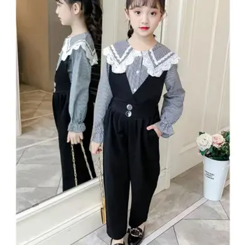 Новата пролетно-есенна Ежедневни облекла за момичета, Блуза с дълъг ръкав от 2 теми + гащеризон черен цвят на възраст от 4 до 13 години, дрешки за момиченца