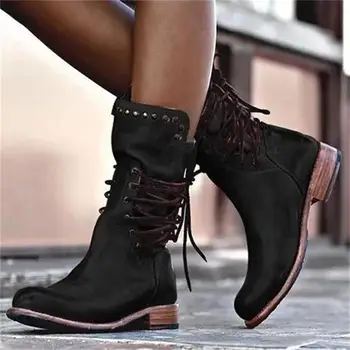Дамски обувки 2022 г., есенно-зимни Ботуши в римски стил, дамски Обувки със средна дължина, с кръстосан каишка и кръг пръсти, размер 43, Обувки на равна подметка, Botas De Mujer