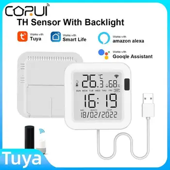 CORUI Sasha Сензор за температура и влажност на въздуха Wifi LCD дисплей с дисплей USB-захранване Smart APP Control Работа с Алекса Google As
