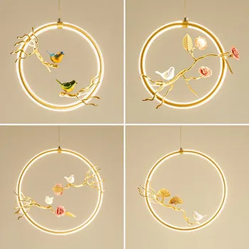 Китайски стил арт деко акрилни пръстен птица висящи лампи за трапезария кухня, хол златен медальон лампа led осветителни тела