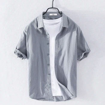 100% Памук, нов стил, брандираната ежедневни риза с къс ръкав, мъжки модни обикновена сиви ризи за мъже, риза, блузи, мъжки дрехи