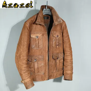 Azazel 2020, Нова мъжки дрехи, Яке от естествена телешка кожа, мъжки облекла в стил ретро, Есен палто, отгоре с микро-търкам, Ropa Hombre LXR359
