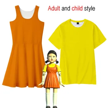 Нова игра костюм кукли калмари за възрастни, детско рокля за Cosplay + тениска, жълт костюм за Хелоуин костюм за Коледно парти, по-големи размери 90-190