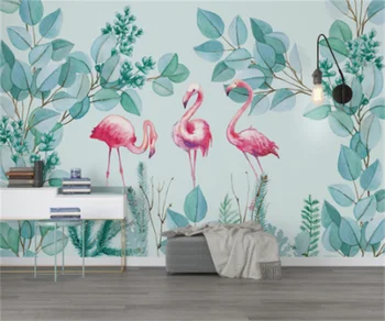 Скандинавски минимализъм пресни листа фламинго сънливи тухлена стена 3D фон стенни картини по поръчка хартиени стенни стикери