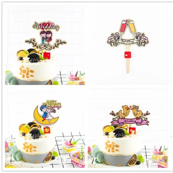 ins Цвят на Сватба Парти Торта Topper Дървен 3D принт г-Н г-жа Торта Знамена Десерт Украса за Сватба Happy Торта Топперы Доставка